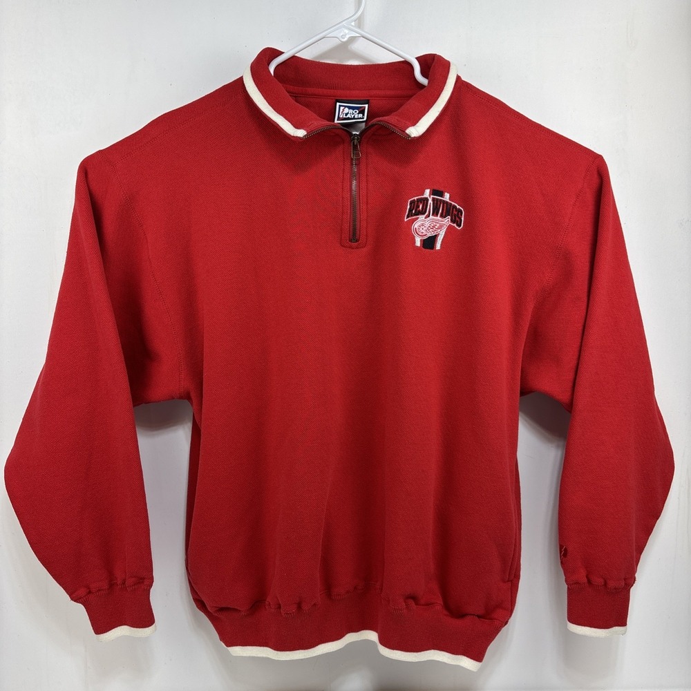 Vtg Pro Player Detroit Red Wings 1/4 Zip Men's Red Pullover‎ Sweatshirt Size XL